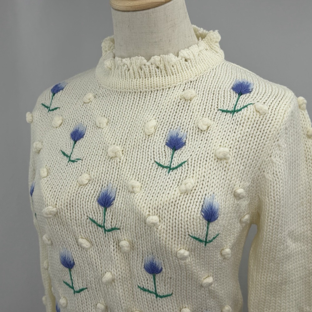 Vintage 80s Floral Knit Sweater 3D Bobble Mock Neck Cottagecore Size Medium - Picture 2 of 6
